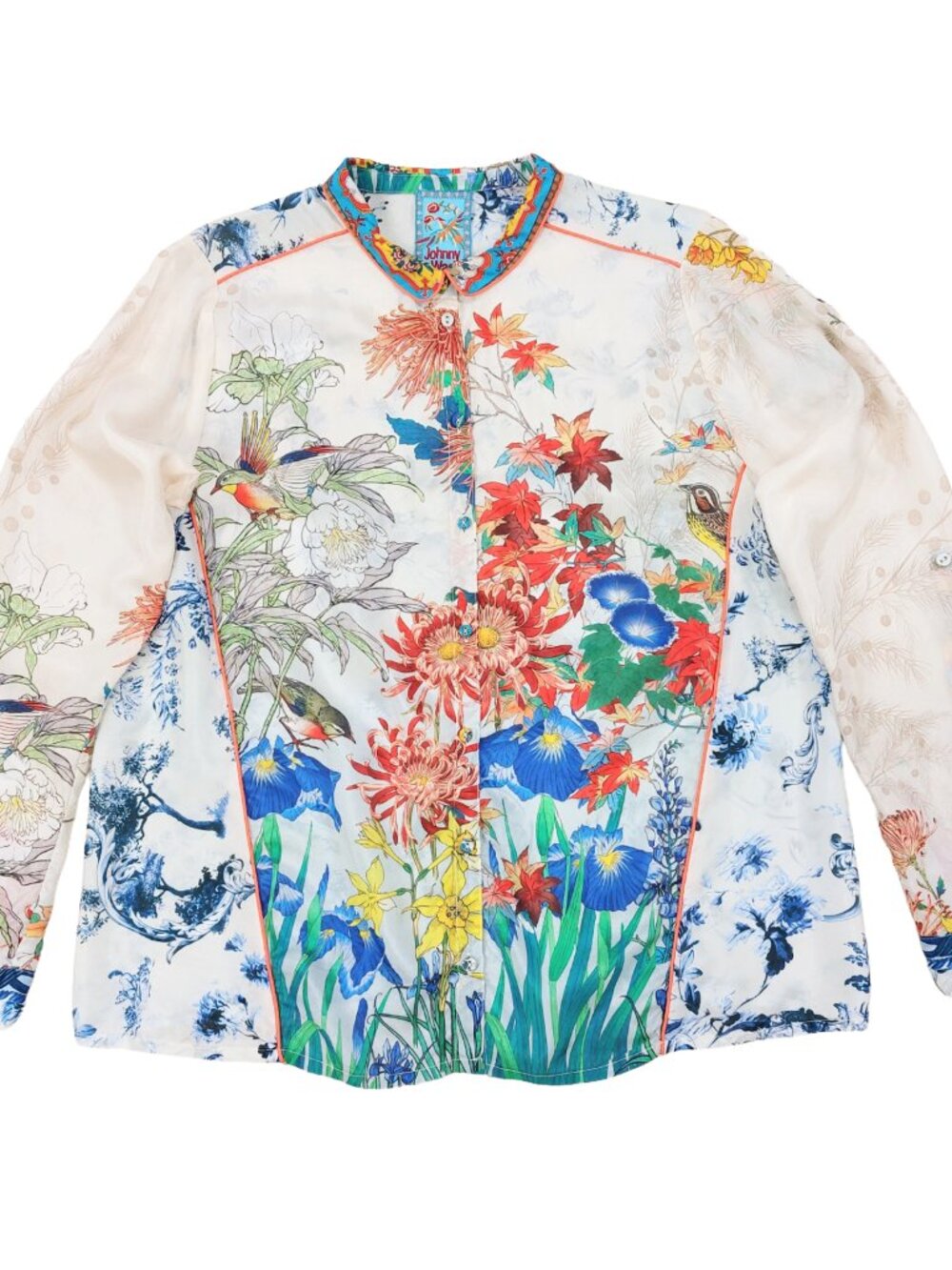 Johnny Was Amelia Silk Shirt Medium, Botanical Floral Birds, Colorful Button Top